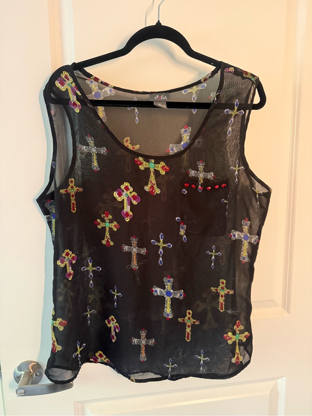 Dots Black Mesh Camisole with Colorful Cross Embellishments